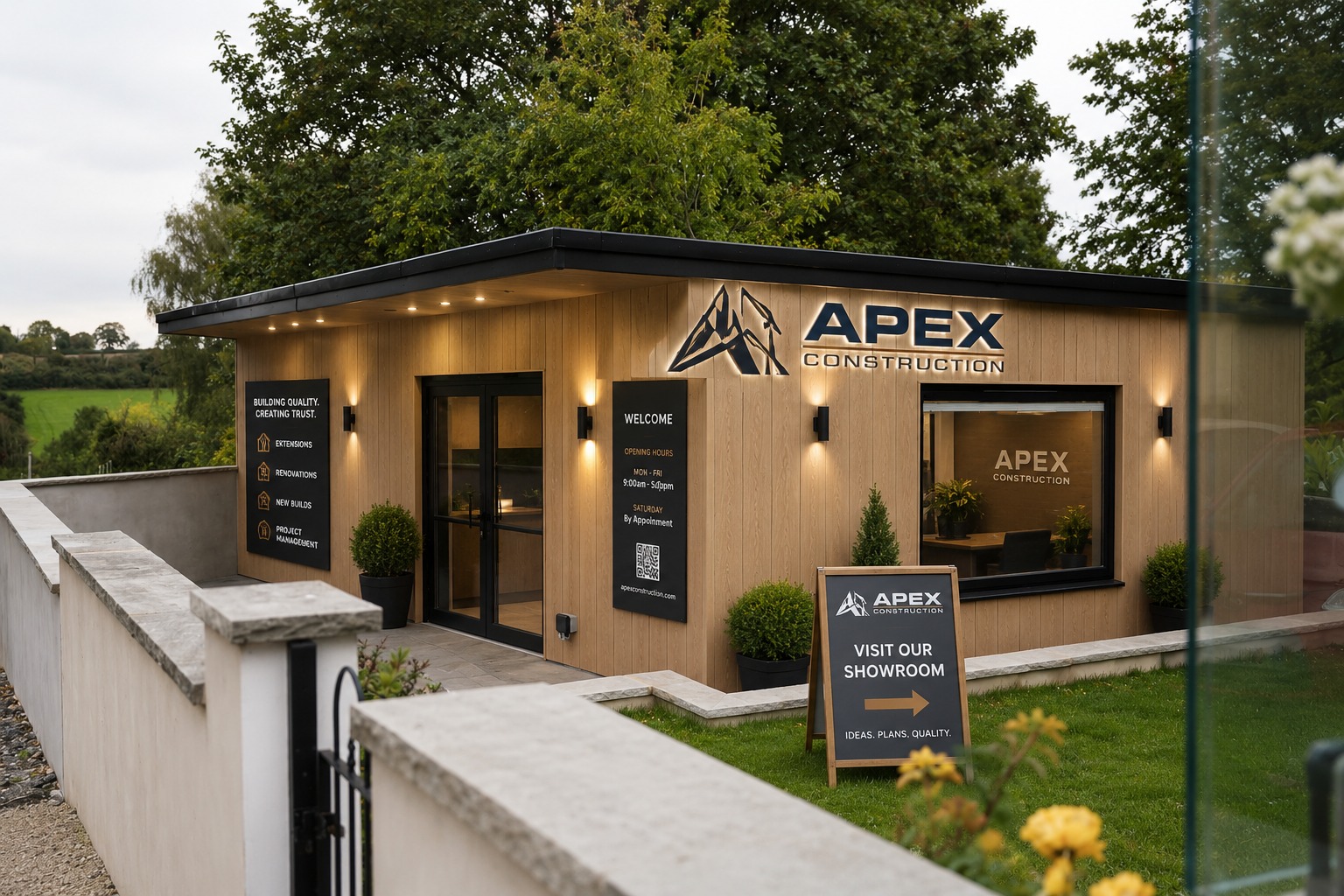 The Apex Construction office and showroom at 30 Cavell Court, Trowbridge — timber-clad building with signage and a Visit Our Showroom board